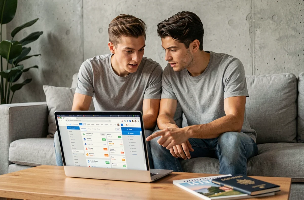 Couple comparant des offres de vols sur un ordinateur portable dans un salon moderne et minimaliste
