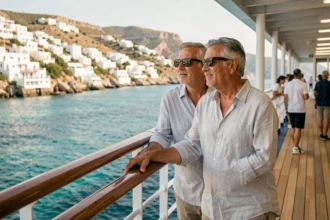 Couple en croisière en Méditerranée sur le pont d'un bateau tout inclus avec vue sur une côte turquoise