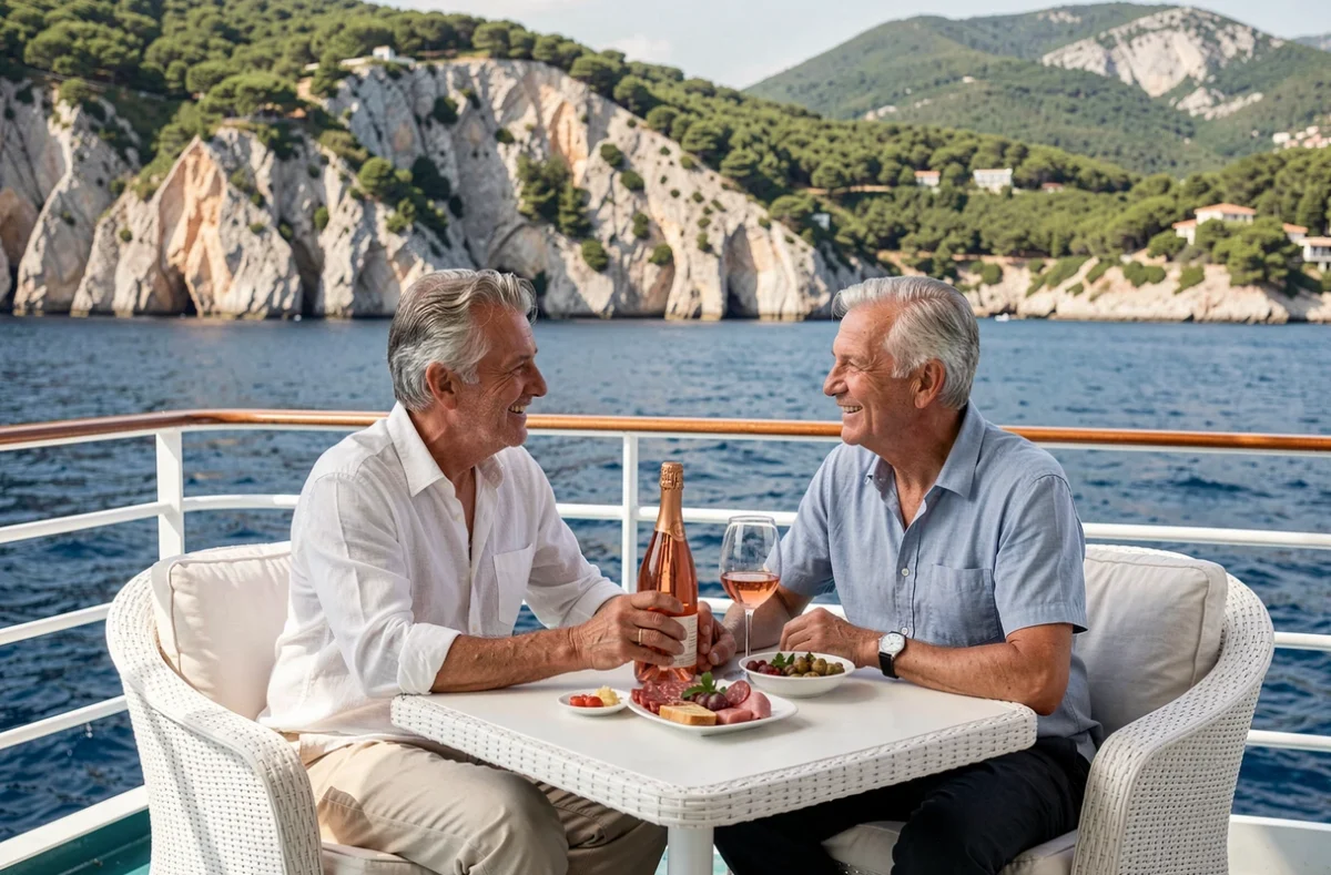 Couple savourant du vin rosé sur le pont d'un bateau de croisière longeant la côte varoise