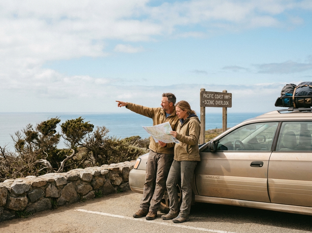 Couple examinant un itinéraire imprimé au bord d'une route côtière lors d'un road trip en bord de mer