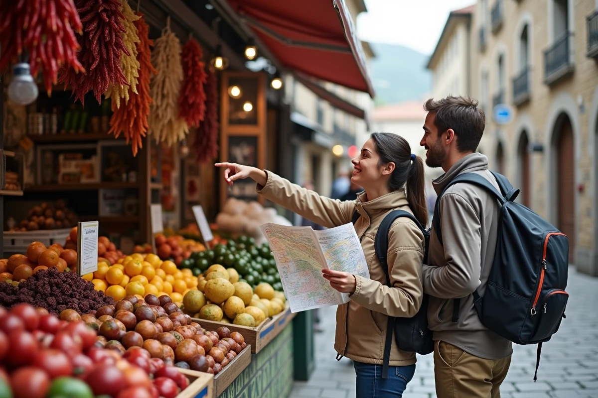 Couple découvrant le marché local basque pendant un week-end express organisé grâce à un blog de voyage