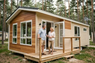 Couple inspectant l'extérieur d'un mobil-home moderne de qualité dans un camping entouré de pins