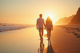 Jeune couple marchant sur une plage bretonne au lever du soleil