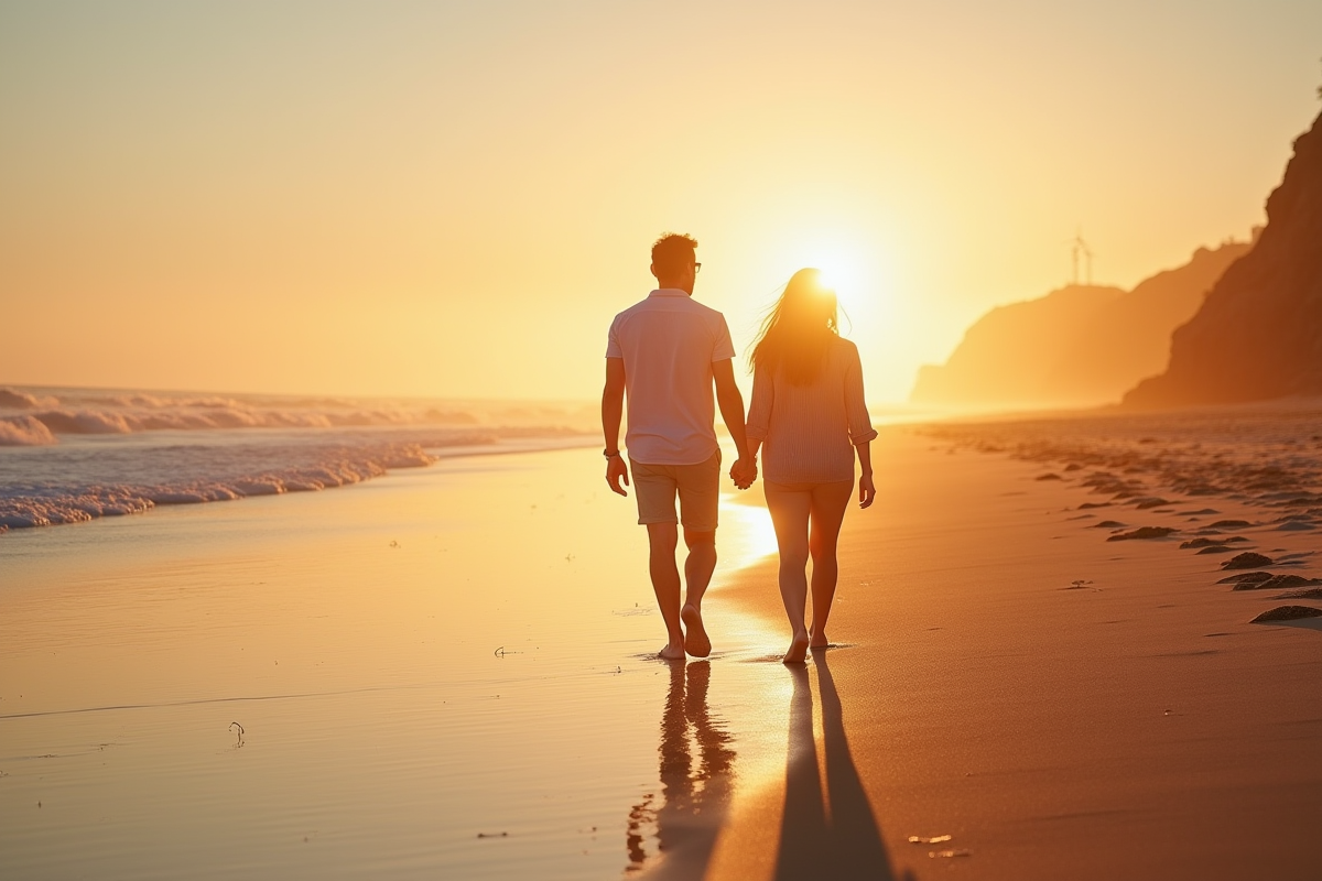 Jeune couple marchant sur une plage bretonne au lever du soleil