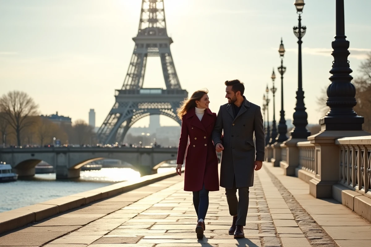 Couple se promenant en bord de Seine près du Pont de l'Alma avec la Tour Eiffel en arrière-plan à Paris