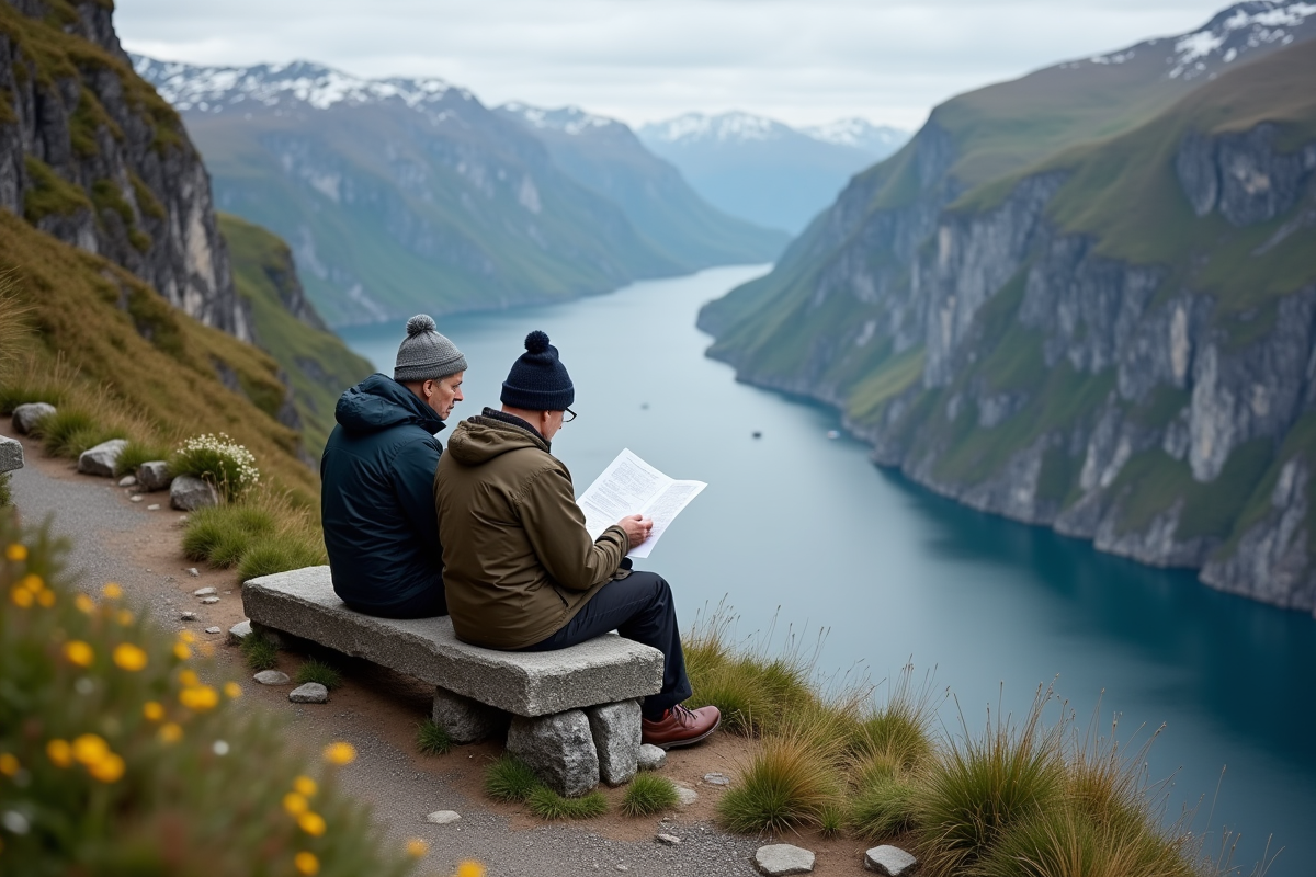 Couple âgé partageant une carte en randonnée