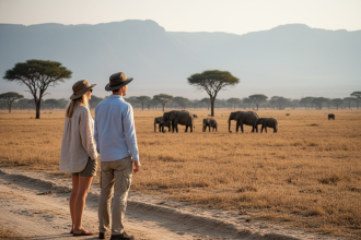 Jeune couple européen observant des éléphants sauvages dans la savane