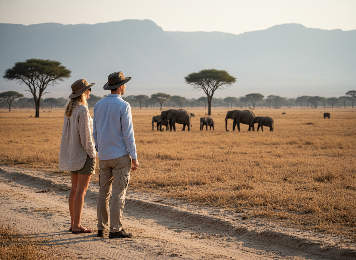Jeune couple européen observant des éléphants sauvages dans la savane