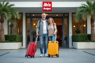 Couple souriant devant l'hôtel Ibis Budget à Biarritz