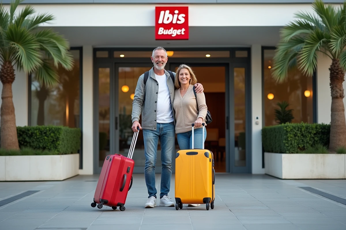 Couple souriant devant l'hôtel Ibis Budget à Biarritz