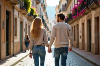 Couple romantique se promenant dans Malaga historique