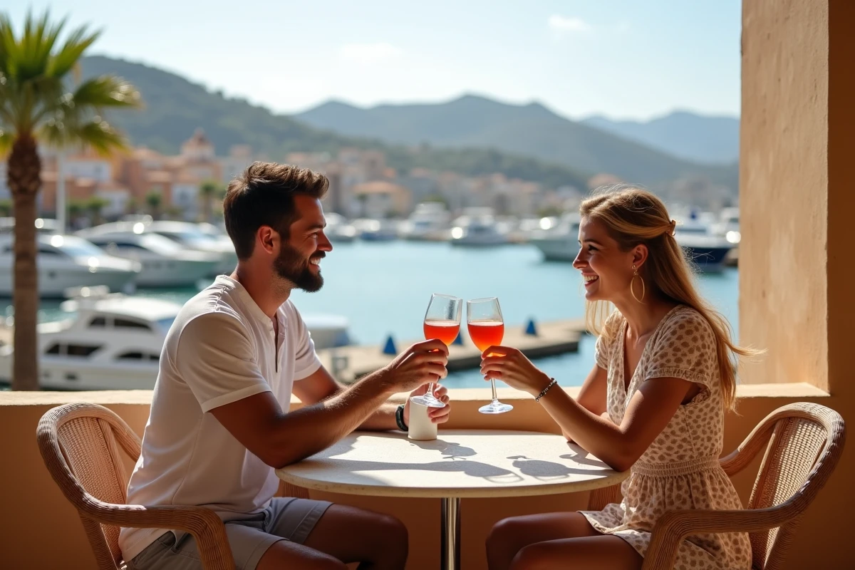 Jeune couple au café face à la marina de Palma