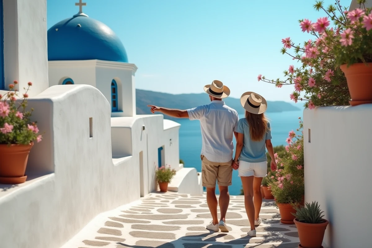 Jeune couple se promenant dans le village d