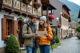 Jeune couple devant une auberge bavaroise colorée à Oberammergau
