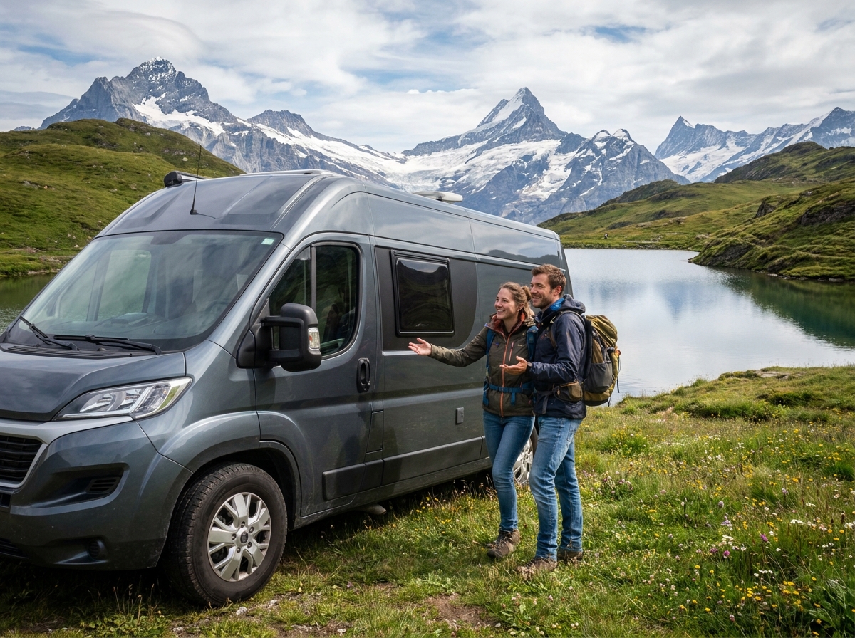 Jeune couple discutant devant un van en montagne