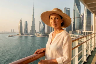 Femme sur le pont d'un bateau de croisière admirant le skyline de Dubaï depuis la mer Arabique