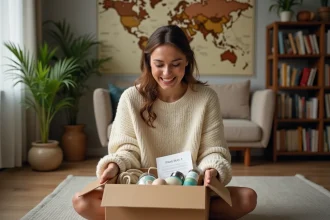 Femme déballant une box voyage abonnement avec des produits artisanaux et une carte dans un salon décoré style voyageur
