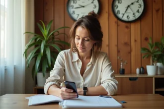 Femme consultant son téléphone devant deux horloges indiquant le décalage horaire entre Paris et La Réunion