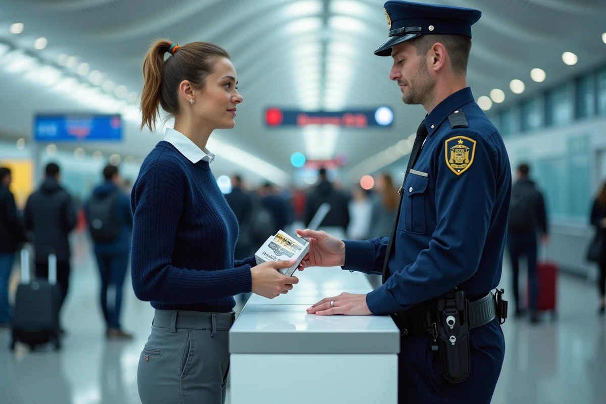 Femme déclarant une cartouche de cigarettes à la douane d'un aéroport international