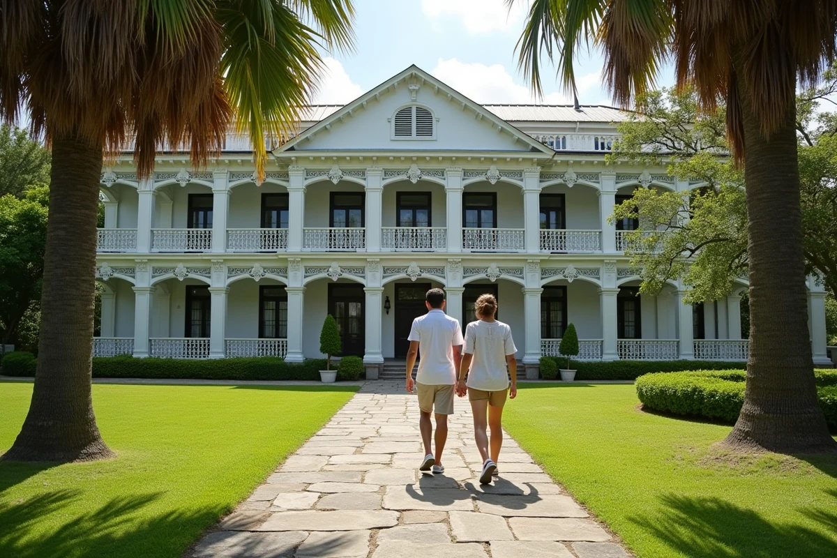 Couple se promenant devant la majestueuse Devon House, maison historique coloniale de Kingston