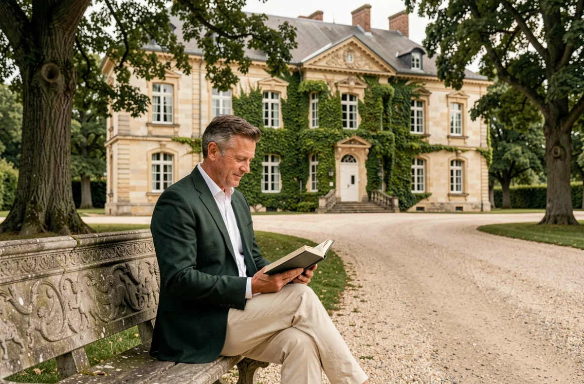 Homme lisant dans le parc boisé du Domaine des Hauts de Loire à Onzain, devant la façade en tuffeau du manoir du XIXe siècle