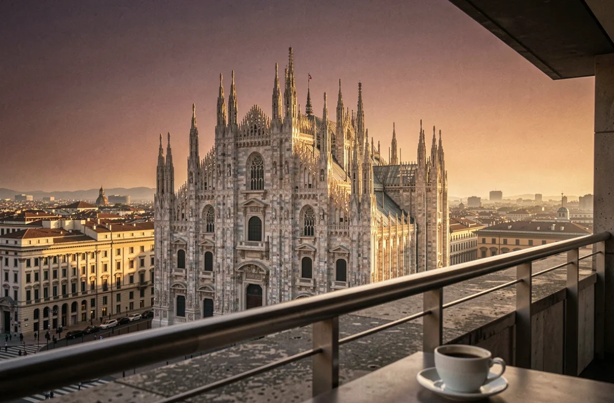 Vue aérienne du Dôme de Milan depuis une terrasse voisine au lever du soleil, avec un ciel mauve et orangé et les flèches dorées par les premiers rayons