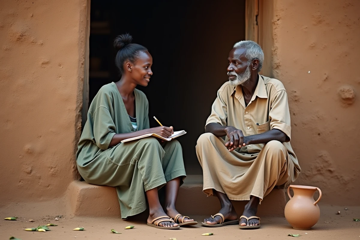Homme âgé et jeune femme en conversation devant une maison en briques de terre à Koriom au Soudan du Sud