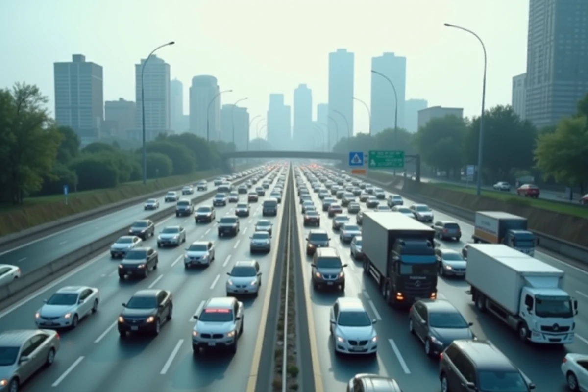 Embouteillage sur une autoroute urbaine vue depuis un pont avec des voitures alignées sur plusieurs files