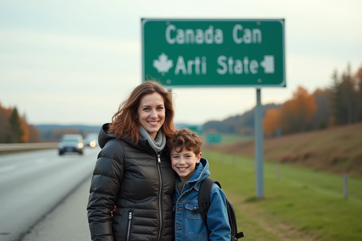 Jeune garçon et sa mère devant un panneau frontalier