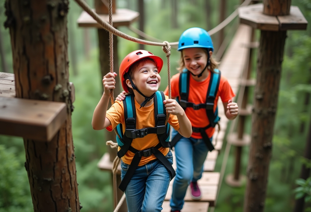 Enfants souriants sur parcours aventure en forêt