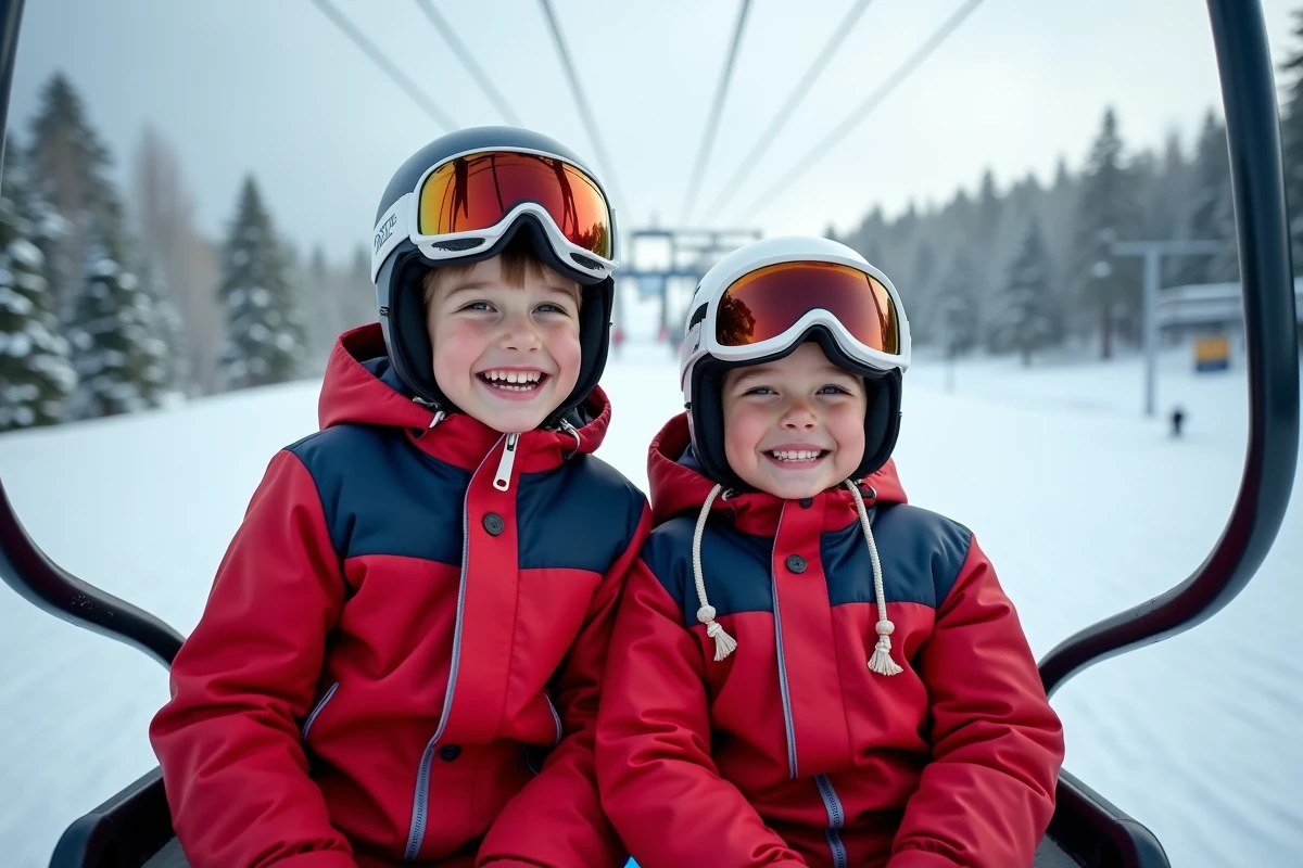 Deux enfants souriants dans un télésiège lors d'une sortie au ski en famille dans une station française