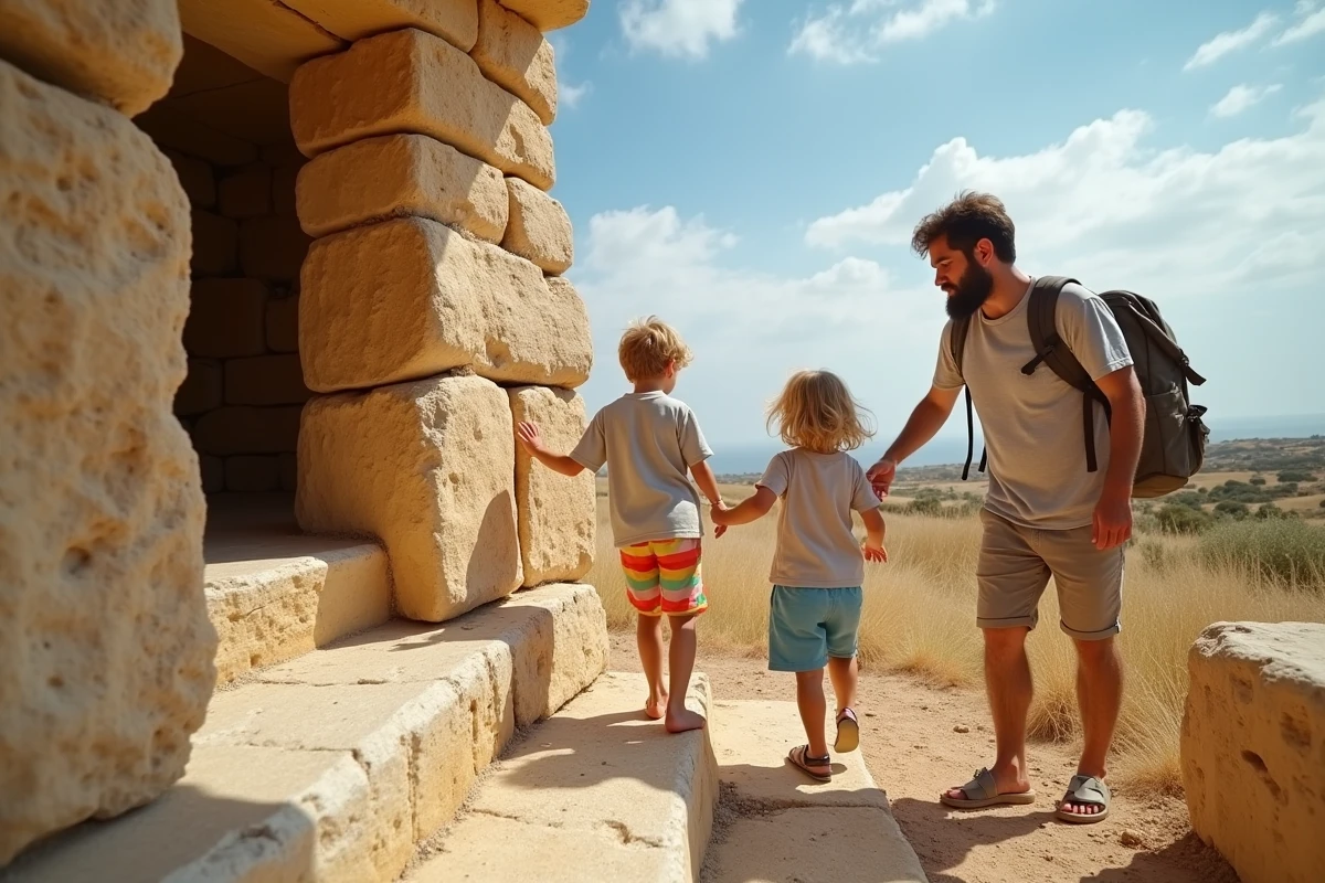 Père et enfants découvrant un temple mégalithique à Malte lors d'une sortie familiale