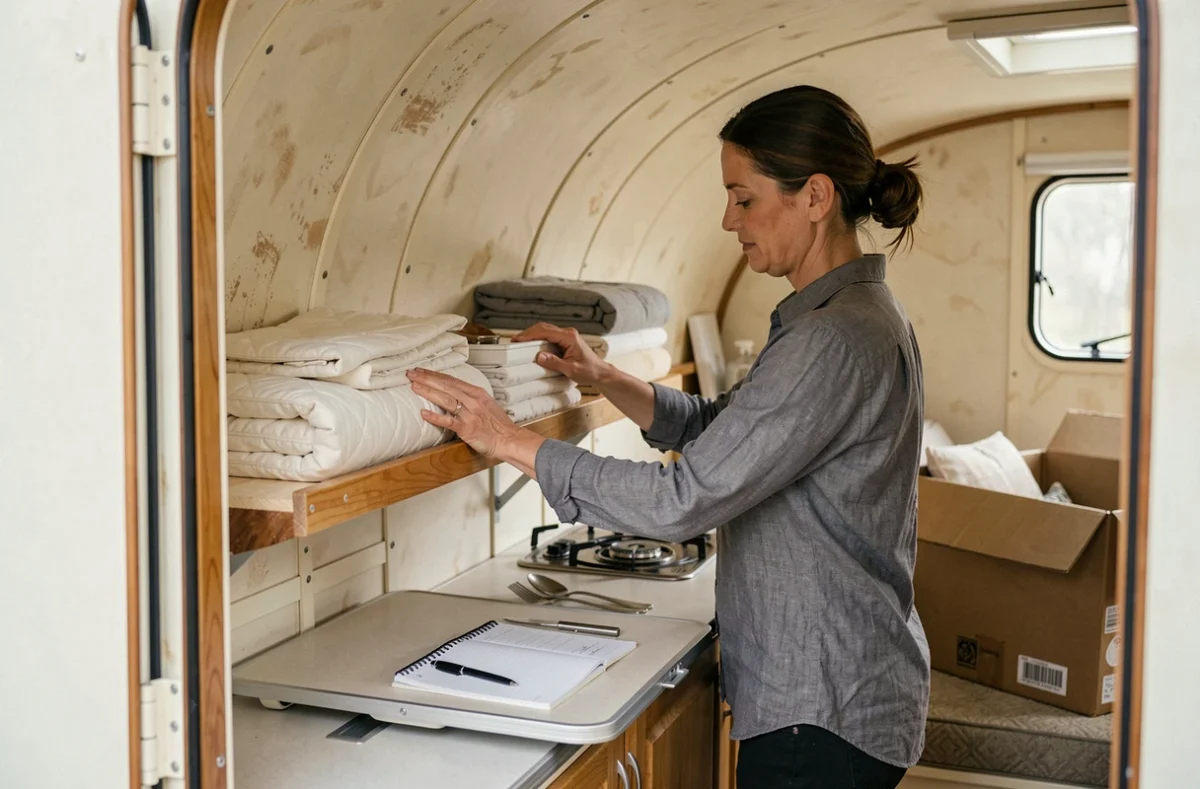 Intérieur d'une caravane Eriba Puck d'occasion en cours d'équipement avec accessoires et literie, planification du budget total