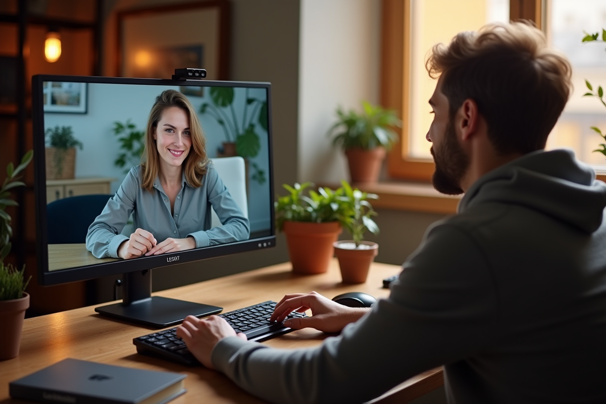 Espace de travail intérieur avec écran montrant le webcam du Bessat