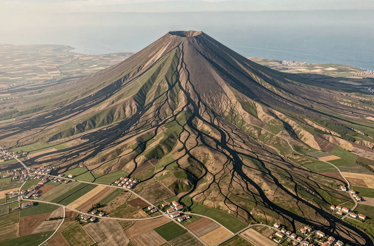 Photographie aérienne oblique de l'Etna montrant les coulées de lave et les villages sur les flancs du volcan en Sicile