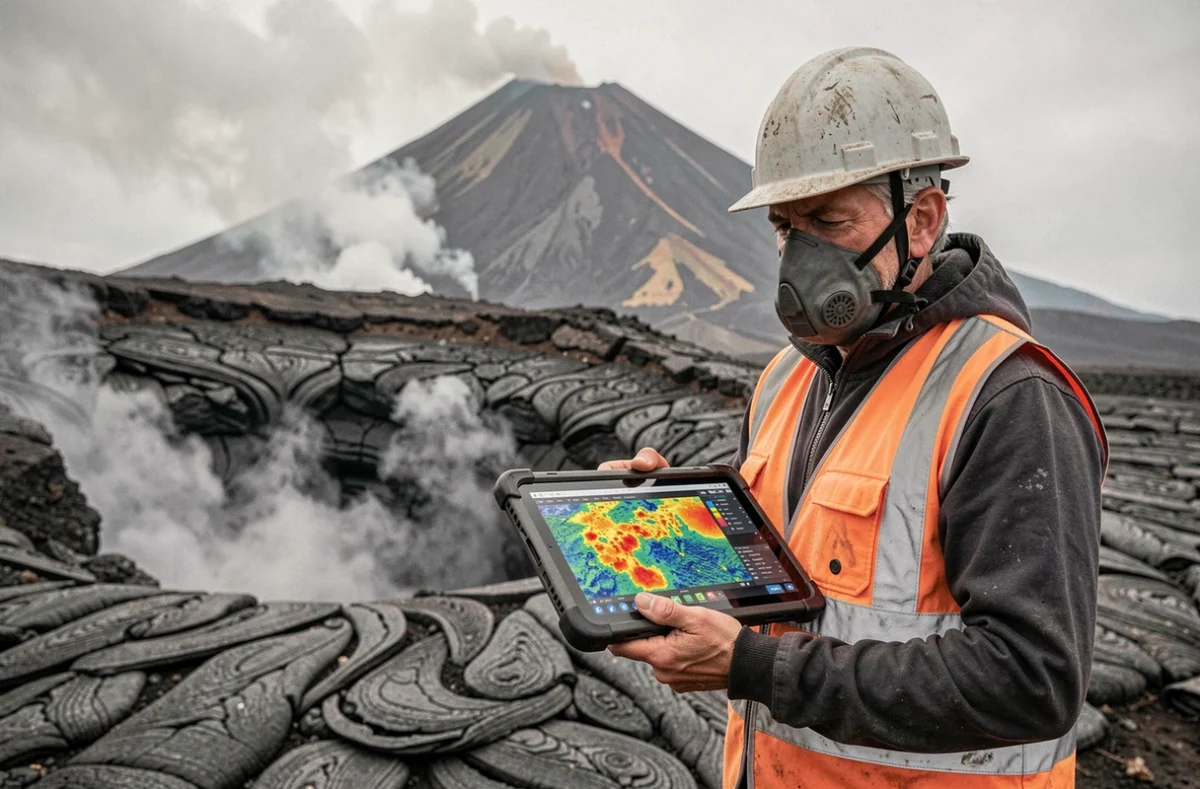 Volcanologue sur les flancs de l'Etna consultant des données satellites thermiques sur tablette lors d'une mission de terrain
