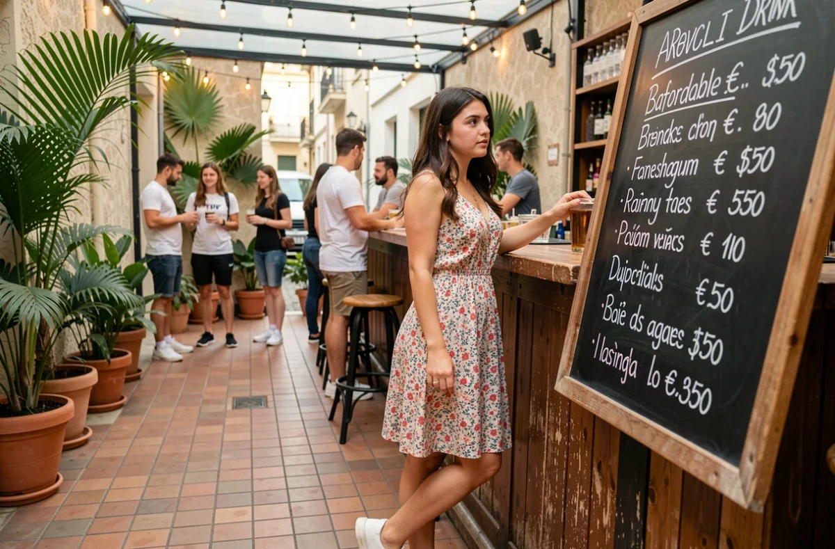 Étudiante consultant un menu de cocktails pas chers sur une terrasse de bar à Paceville Malte