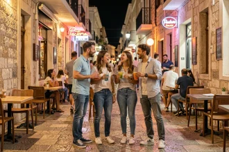 Groupe d'étudiants qui rient devant un bar animé dans les ruelles de Paceville à Malte la nuit