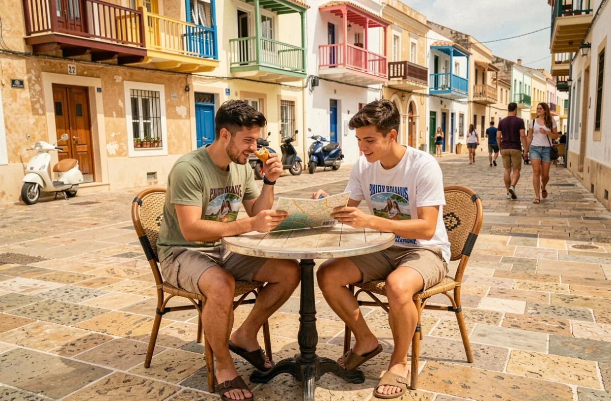 Deux étudiants planifiant leurs soirées étudiantes sur une place ensoleillée de Paceville à Malte