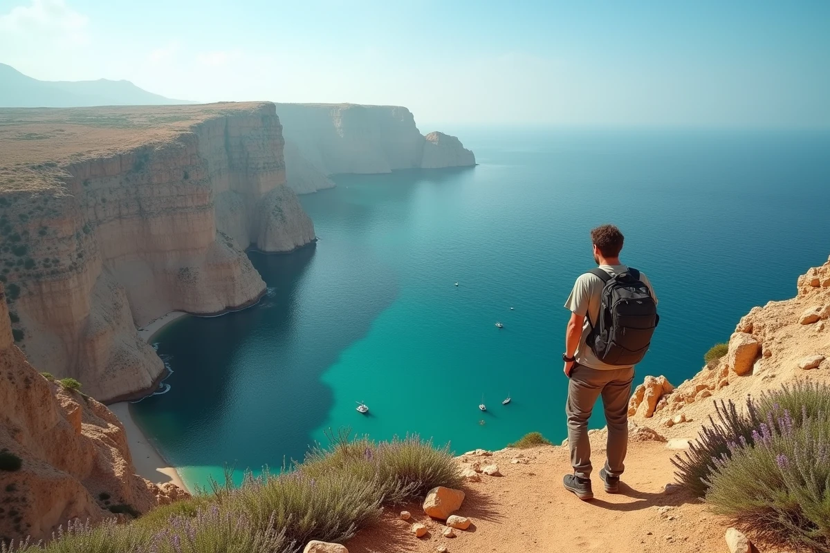 Randonneur au bord des falaises calcaires surplombant la mer Méditerranée près d'Al Hoceïma dans le nord du Maroc