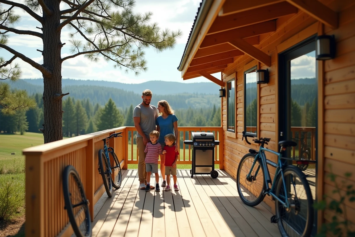Famille de quatre dans une cabane en bois en forêt