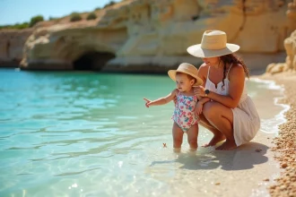 Mère et jeune enfant explorant une crique aux eaux turquoise à Gozo, Malta, en famille