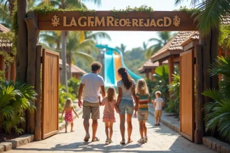 Famille souriante à l'entrée d'un camping chaîne avec parc aquatique visible en arrière-plan