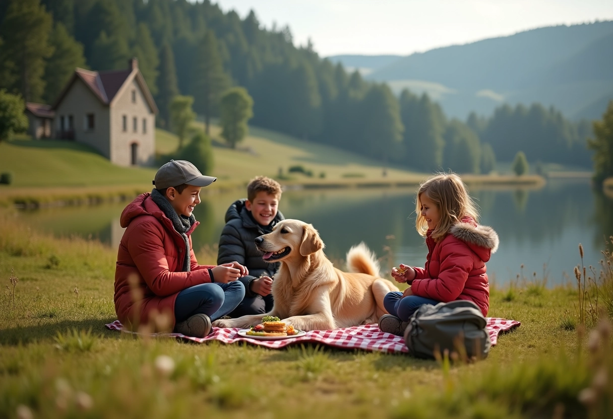 Famille avec chien profitant d un pique nique en Auvergne