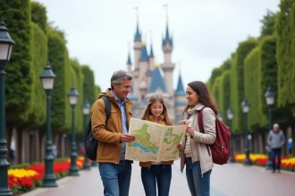 Famille consultant le plan d'Eurodisney à l'entrée du parc Disneyland Paris avec le château en arrière-plan