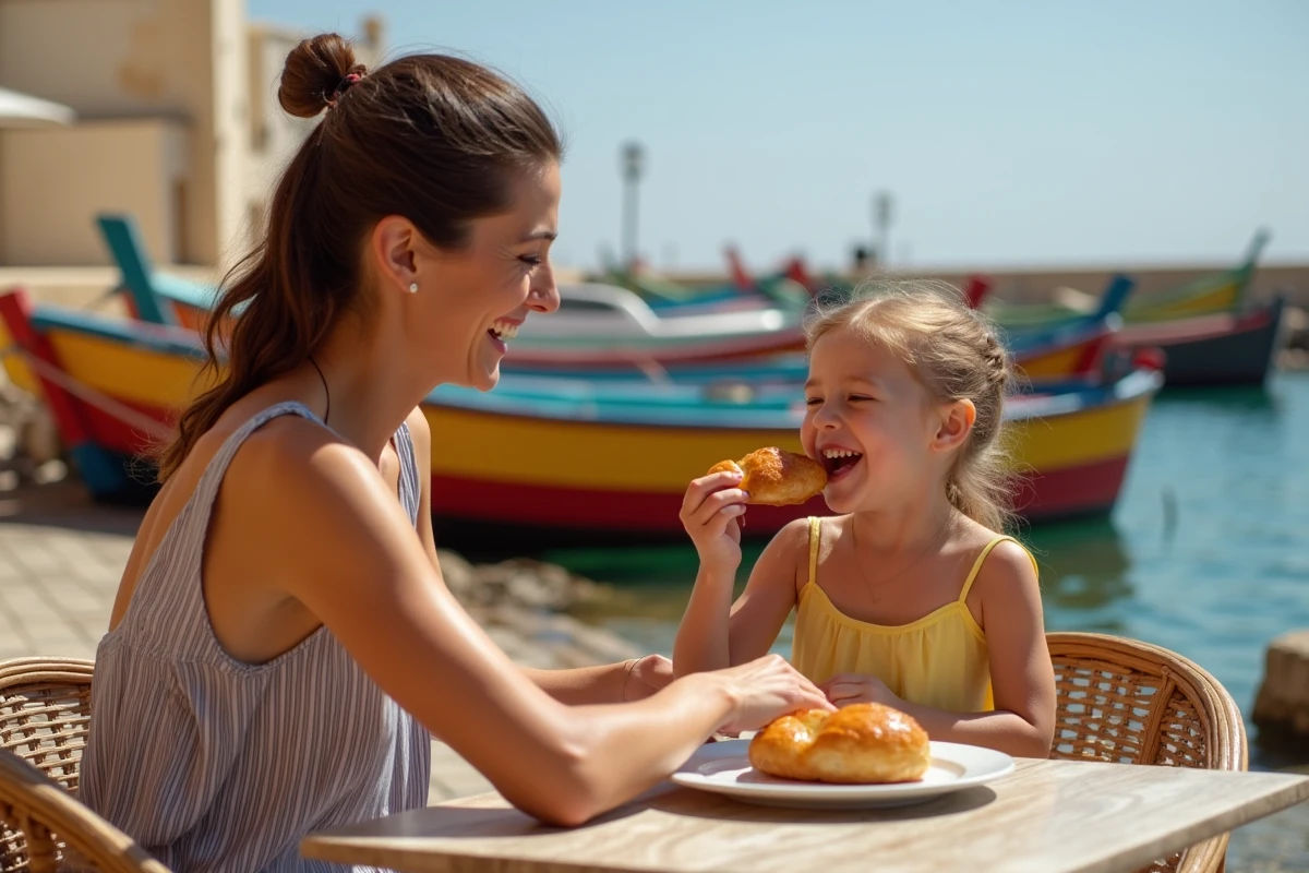 Mère et petite fille dégustant des pâtisseries maltaises au bord du port de Marsaxlokk avec des bateaux luzzu colorés