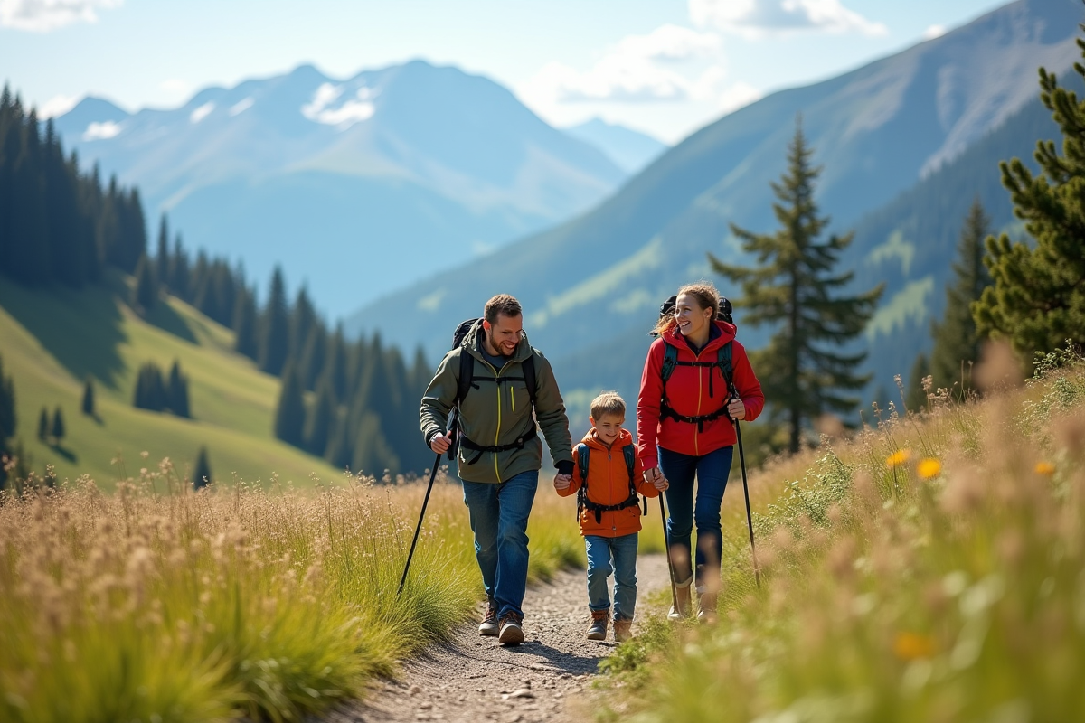 Famille en randonnée dans la nature de La Plagne