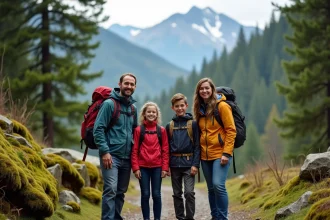 Famille heureuse en randonnée en forêt avec montagnes