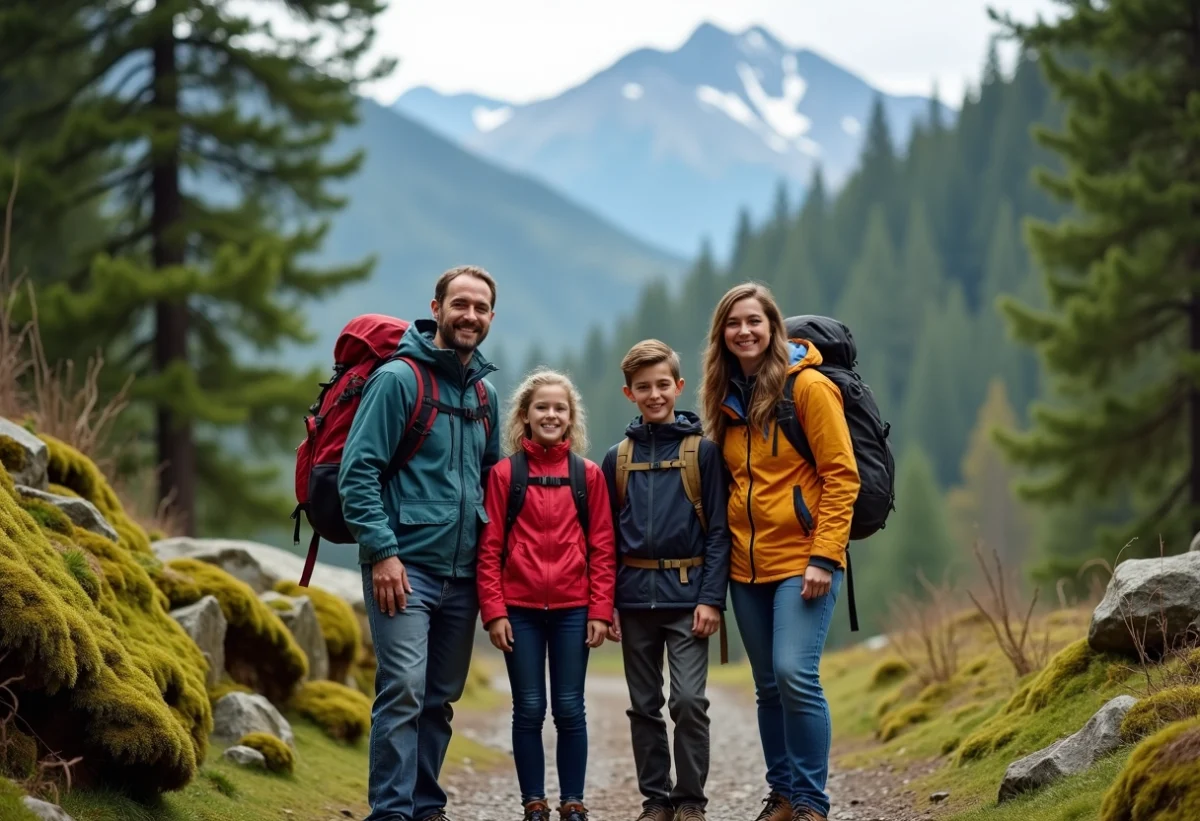 Famille heureuse en randonnée en forêt avec montagnes