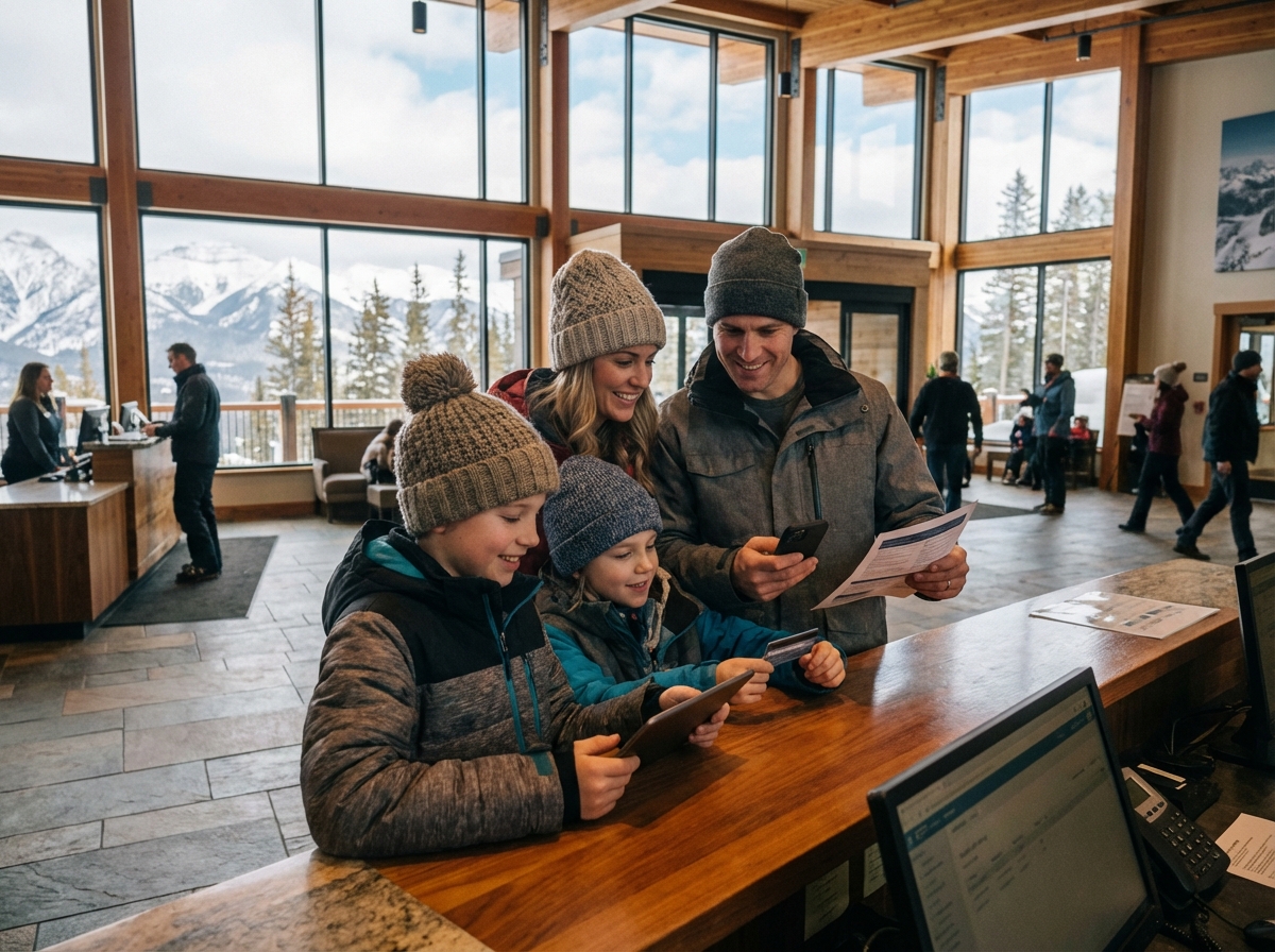 Famille souriante au resort ski moderne intérieur